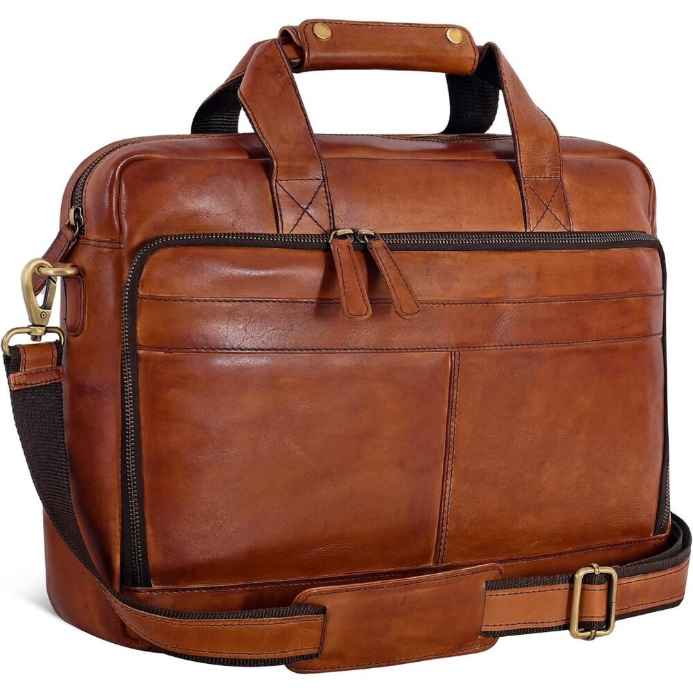 ⚡Men and Women Vintage Tan Oak Leathers Laptop Briefcase Messenger Bag‎
